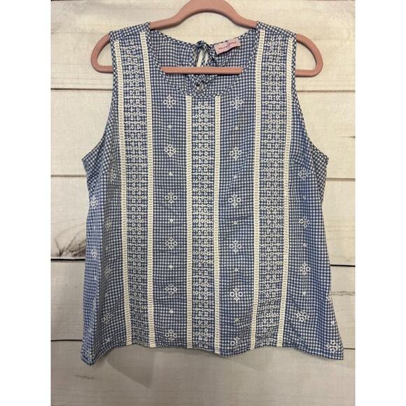 Molly Isadora Top Blue White Checked Sz Est LG - Picture 1 of 5